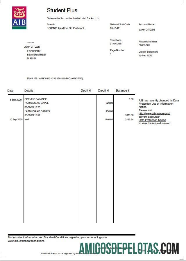 Ireland AIB extrato bancário amostra