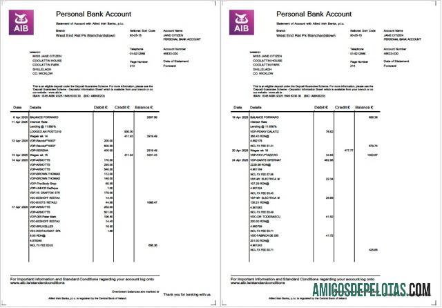 Modelo realista de extrato de conta dos Allied Irish Banks (AIB) da Irlanda, modelo Word e PDF, 2 páginas
