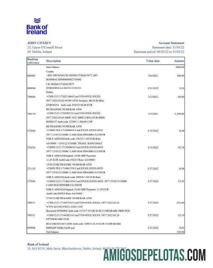 Declaração do Banco da Irlanda da Irlanda Xls amostra