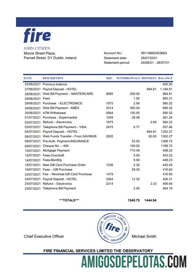 Exemplo de Excel da Ireland Fire Financial Services Limited
