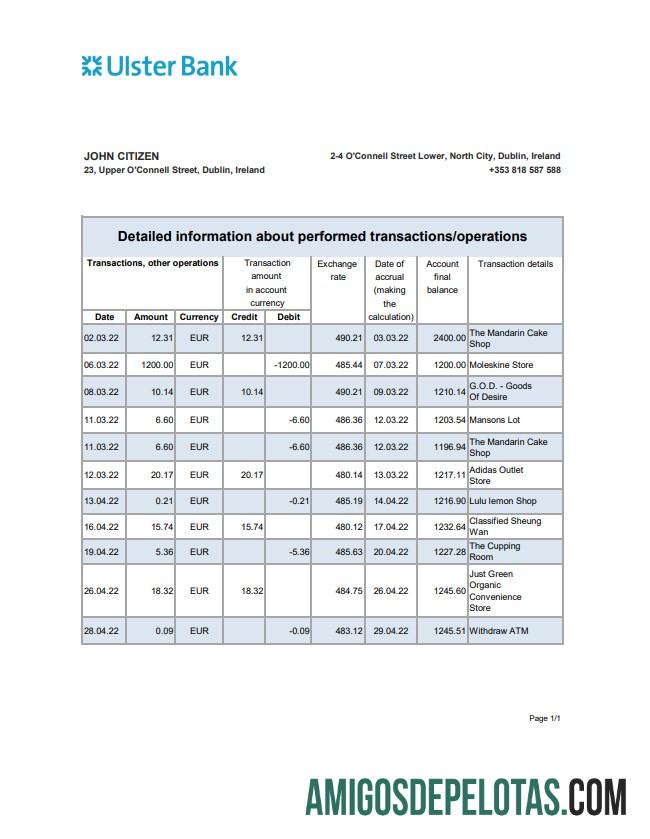Extrato bancário do Ulster da Irlanda Xls amostra