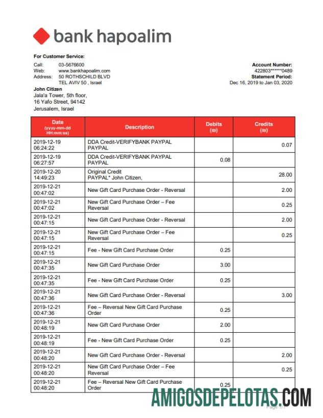 Exemplo de extrato bancário do Banco de Israel Hapoalim