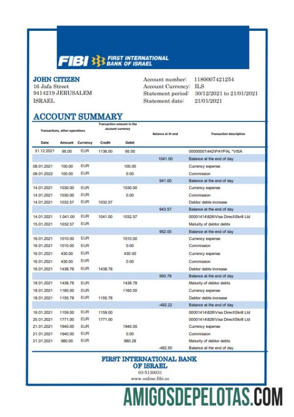 Em branco Israel Primeiro Extrato Bancário Internacional do Banco de Israel Modelo fácil de preencher em formato Excel e PDF