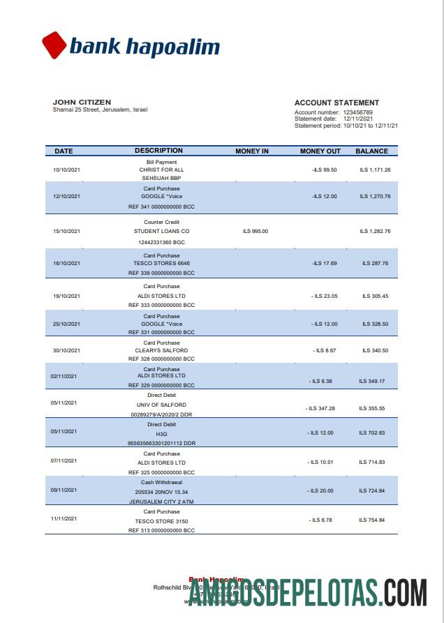 Exemplo de extrato bancário de Israel Hapoalim