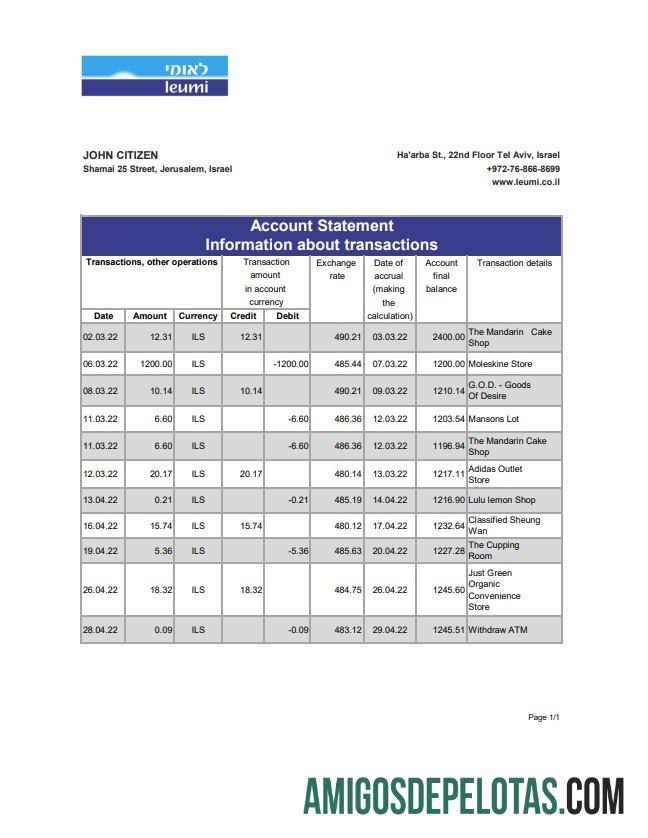 Exemplo de extrato bancário Israel Leumi Xls
