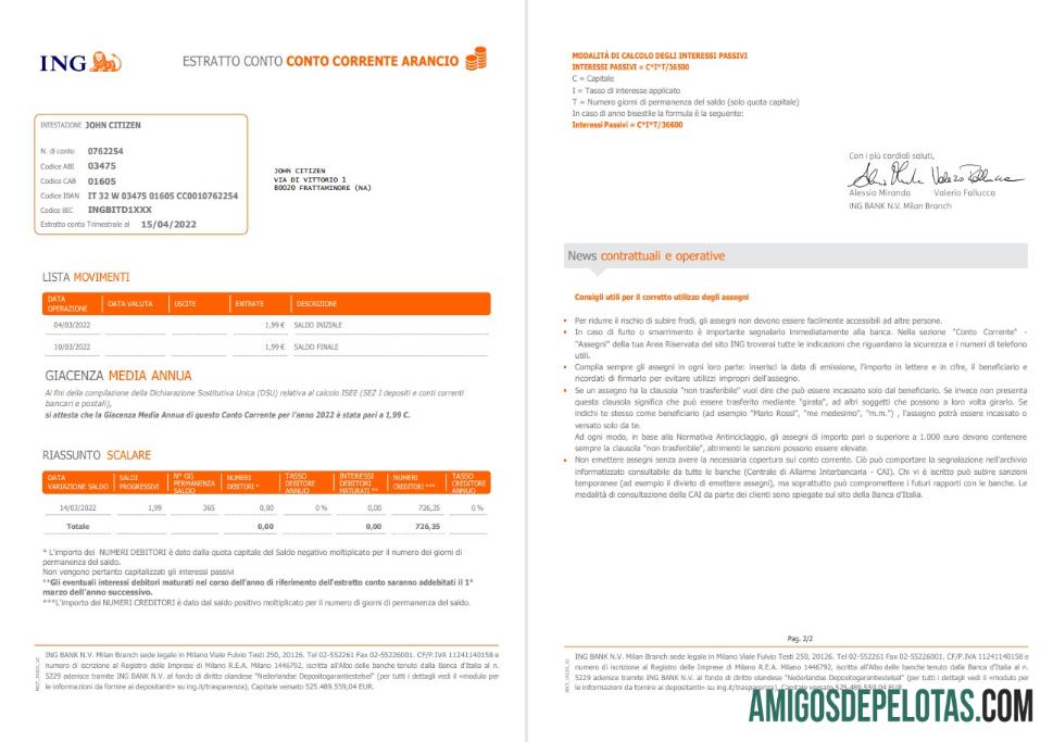 Italy ING Bank Statement 2 Pages amostra