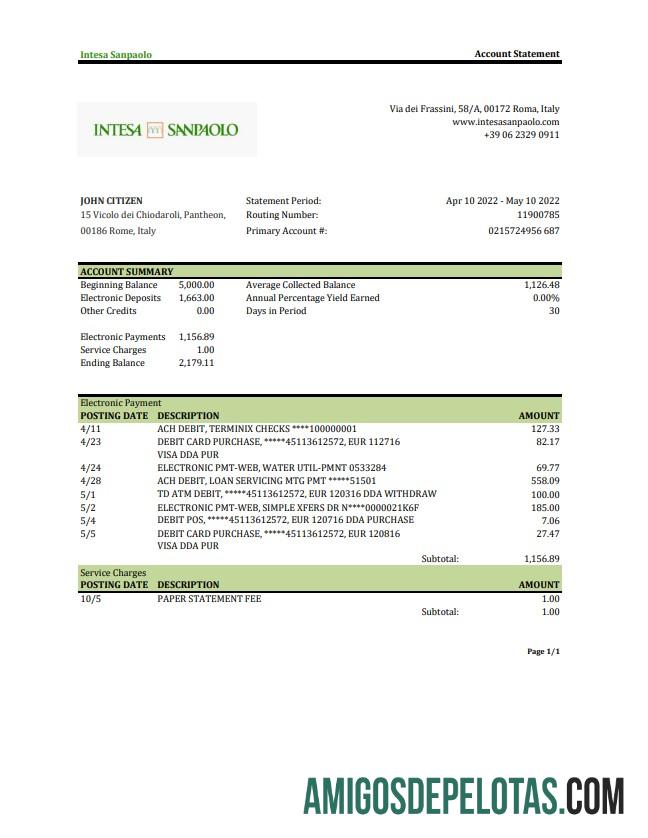 Modelo XLS de extrato bancário Itália Intesa Sanpaolo