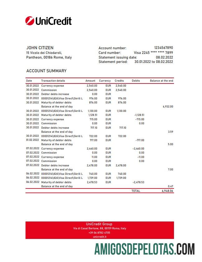 Italy Unicredit Bank Statement Xls modelo