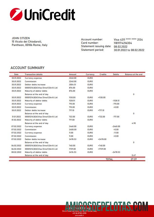 Exemplo de extrato bancário Unicredit da Itália