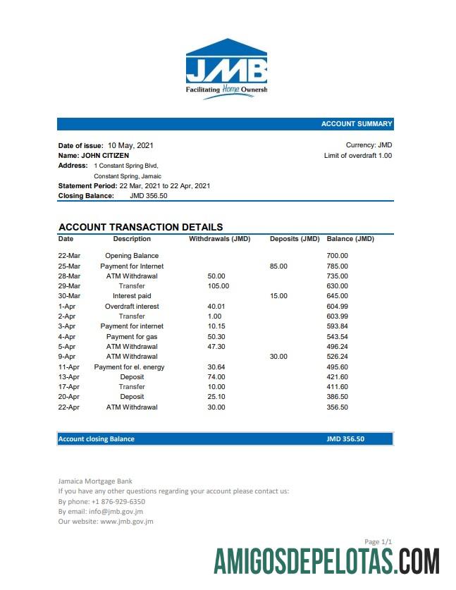 Extrato bancário de hipoteca da Jamaica em branco, modelo fácil de preencher em formato Excel e PDF