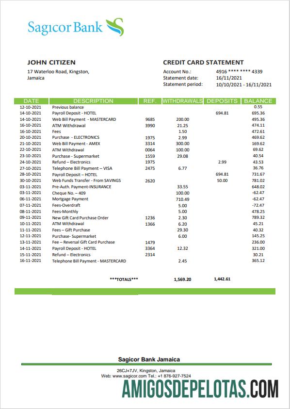 Modelo de extrato bancário Jamaica Sagicor em branco, formato Word e PDF (.doc e .pdf)