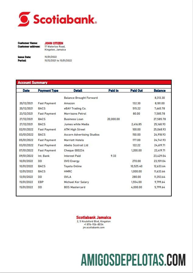 Exemplo de extrato do Jamaica Scotiabank