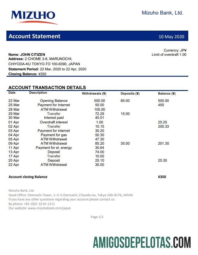 Modelo de extrato bancário Mizuho do Japão