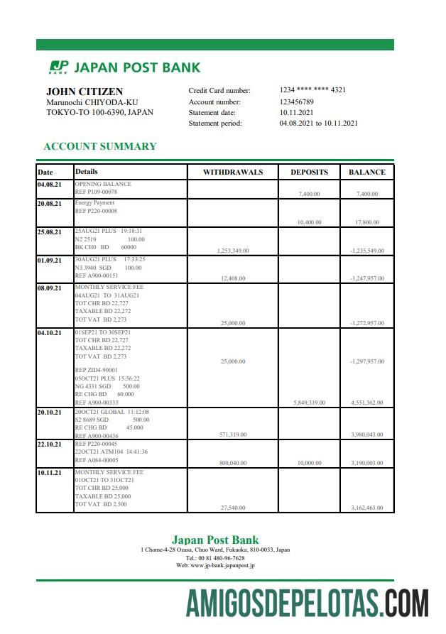 Extrato bancário realista do Japan Post, modelo fácil de preencher em formato Excel e PDF