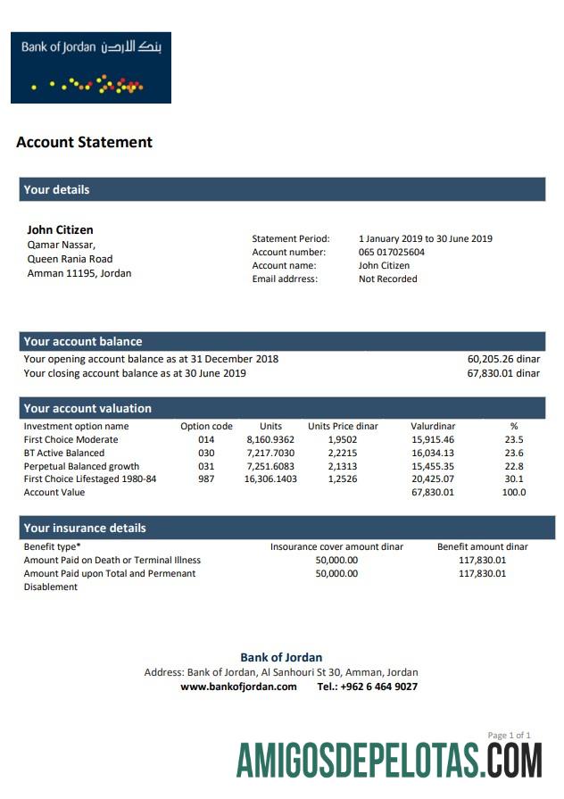 Exemplo de extrato bancário do Jordan Bank Of Jordan