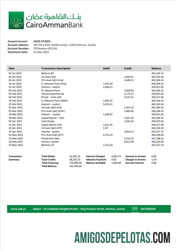 Modelo de extrato bancário para impressão da Jordânia Cairo Amman em formato Word e PDF