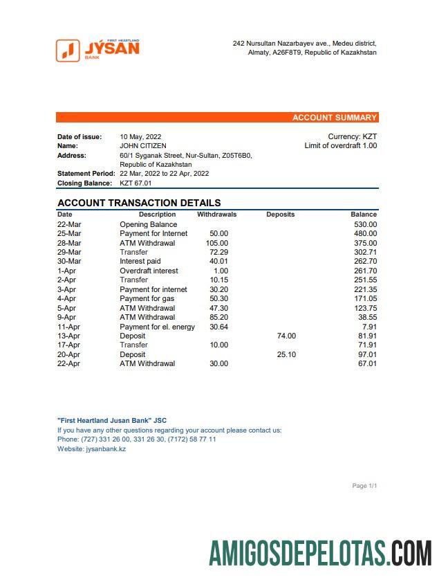 Cazaquistão First Heartland Jusan Bank Statement Xls amostra