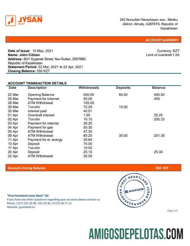 Exemplo de extrato bancário do First Heartland Jusan do Cazaquistão