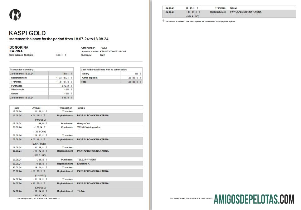 Kazakhstan Kaspi Bank St, 2 Pages Scr examplo