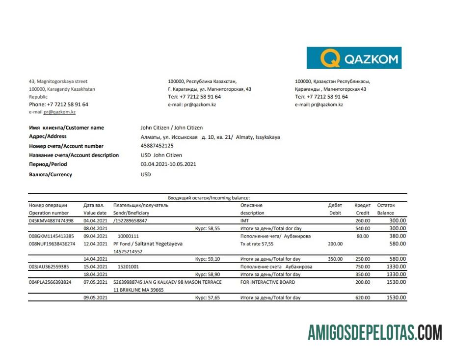 Extrato bancário do Cazaquistão Qazkom para download, modelo fácil de preencher em formato Excel e PDF