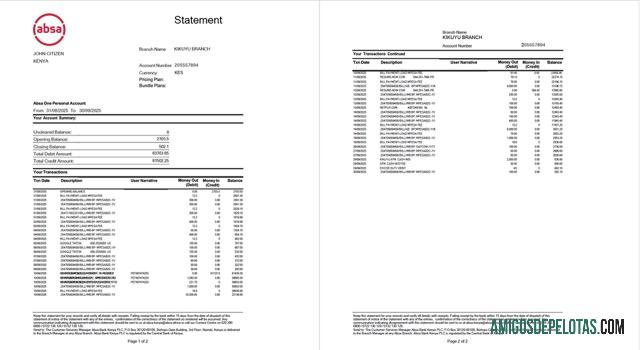 Extrato bancário realista do Quênia Absa modelo Word e PDF, 2 páginas
