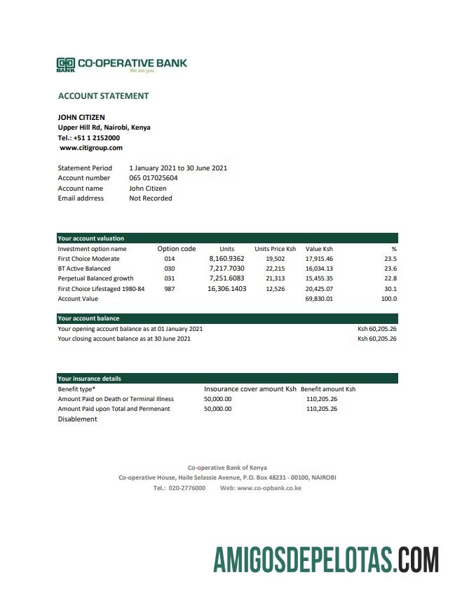 Em branco Kenya Co Operative Bank Of Kenya Extrato bancário modelo fácil de preencher em formato Excel e PDF