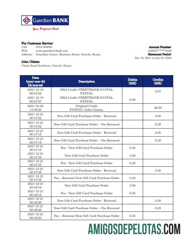 Exemplo de extrato bancário do Guardian do Quênia