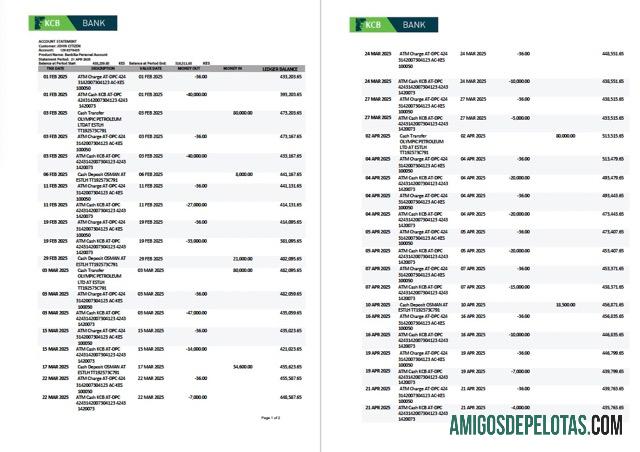 Extrato de conta bancária KCB do Quênia para impressão, modelo Word e PDF, 2 páginas