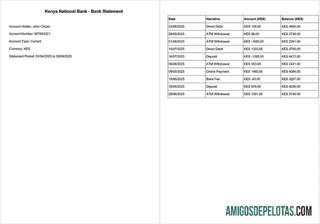 Extrato bancário do Banco Nacional do Quênia para download, modelo Word e PDF, 2 páginas
