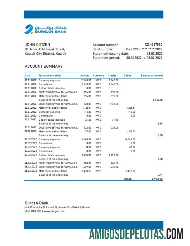 Kuwait Burgan Bank Statement Xls amostra