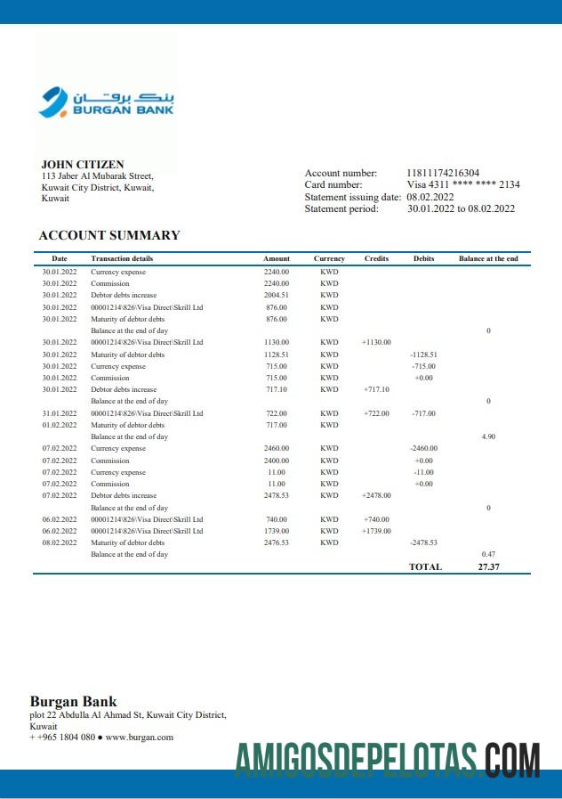 Kuwait Burgan extrato bancário amostra
