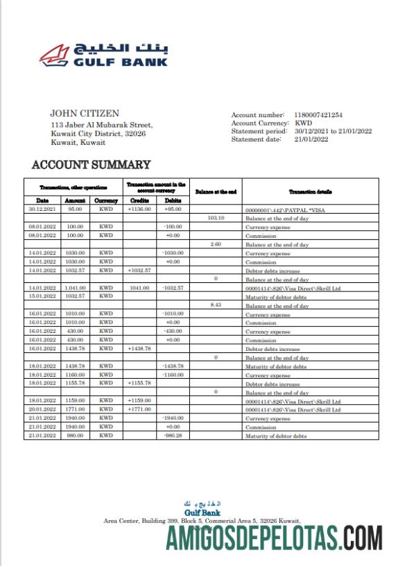 Modelo de extrato bancário do Golfo do Kuwait para download em formato Word e PDF