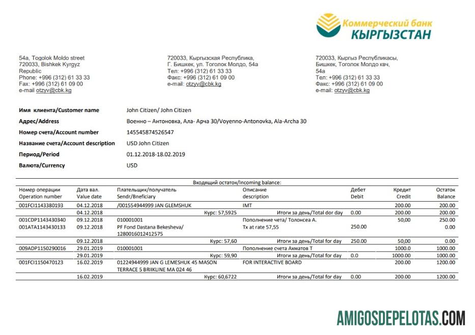 Modelo de extrato bancário de comprovante de endereço do Quirguistão Kirgizbank para download em formato Word e PDF