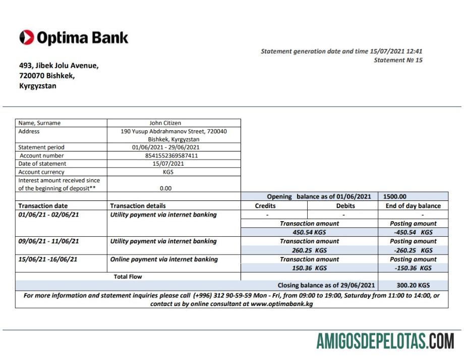 Modelo de extrato bancário Optima do Quirguistão