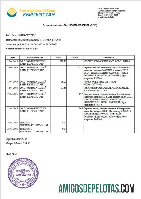 Modelo de extrato de conta do Banco Comercial do Quirguistão para impressão em Word e PDF