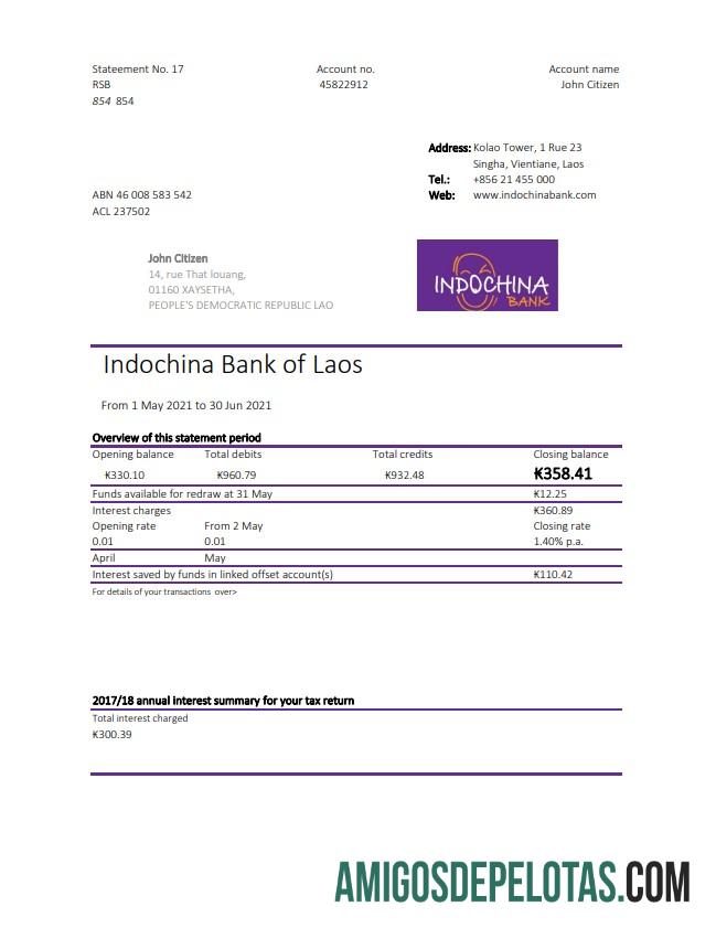 Extrato bancário do Laos Indochina para download, modelo fácil de preencher em formato Excel e PDF