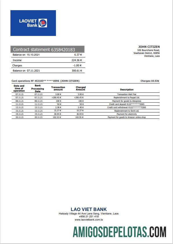 Modelo de extrato bancário Laos Lao Viet para download em formato Word e PDF