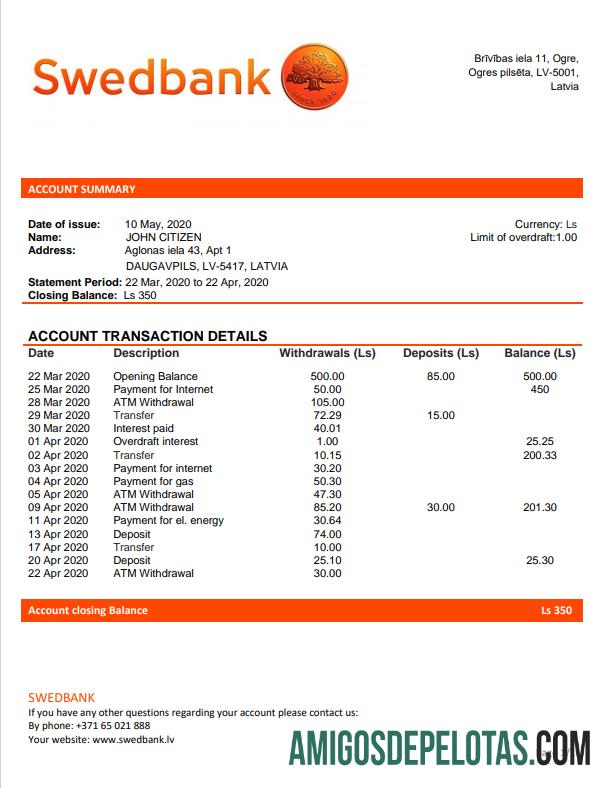 Modelo de extrato bancário do Swedbank da Letônia para impressão, formato Word e PDF (.doc e .pdf)