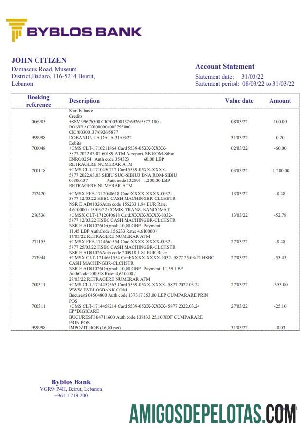 Exemplo de extrato bancário do Líbano Byblos