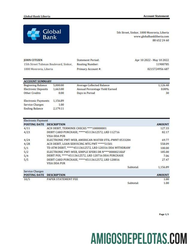 Exemplo de extrato bancário global da Libéria