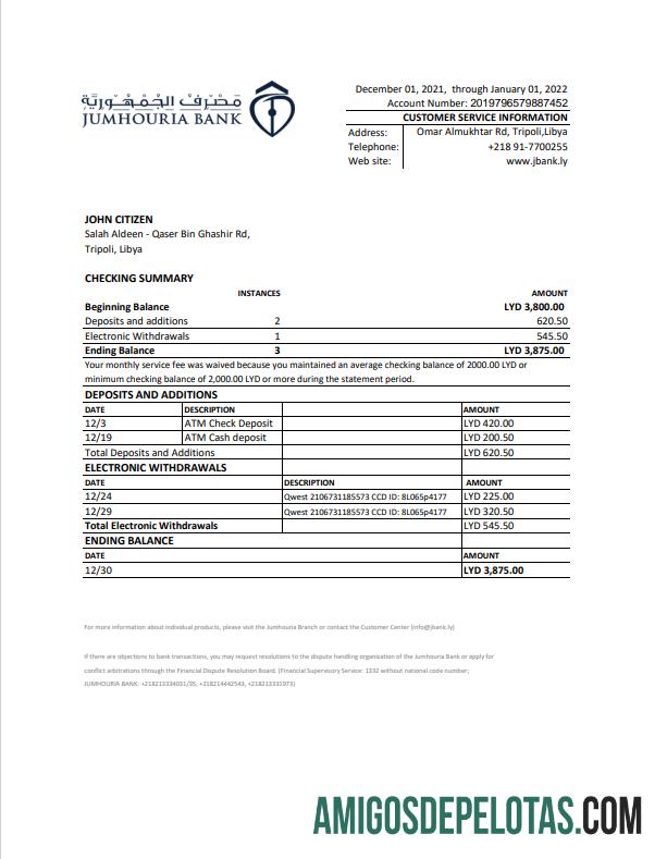 Extrato bancário da Líbia Jumhouria para download em Excel e modelo PDF