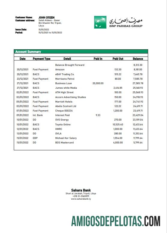Modelo de extrato bancário da Líbia Saara para impressão em formato Word e PDF