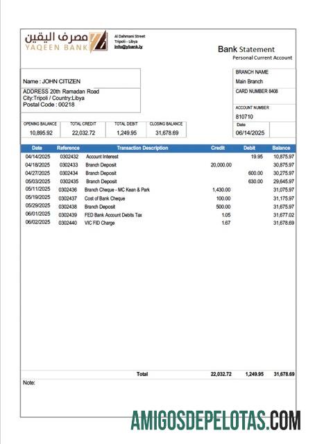 Extrato bancário da Líbia Yaqeen para impressão, modelo Word e PDF