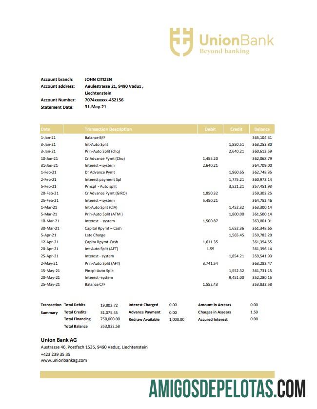 Extrato bancário para impressão do Liechtenstein Union Bank AG, modelo fácil de preencher em formato Excel e PDF