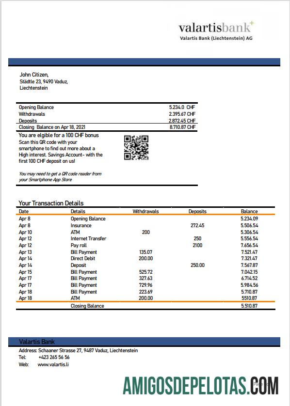 Modelo realista de extrato bancário de Liechtenstein Valartis em formato Word e PDF
