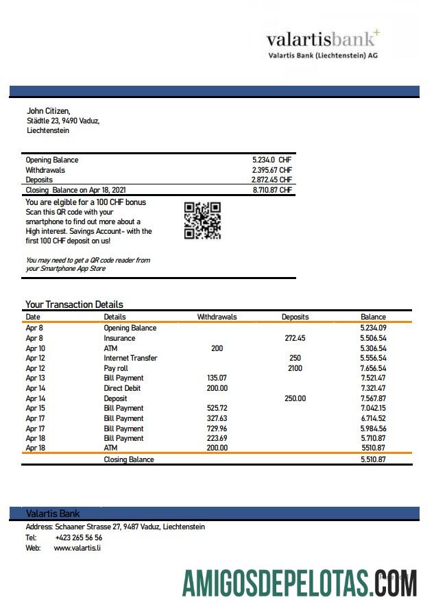 Modelo de extrato bancário Liechtenstein Valartis