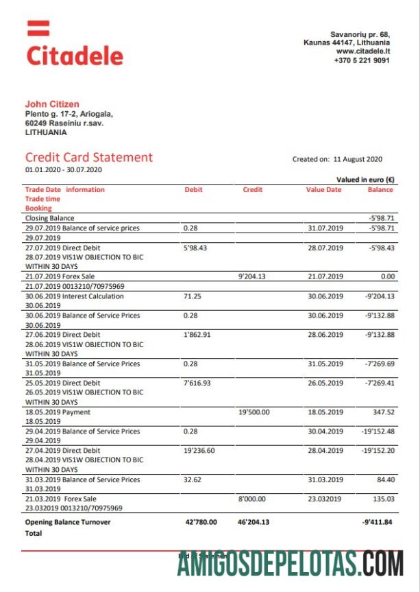Lithuania (Litva) Citadele Bank Credit Card St amostra