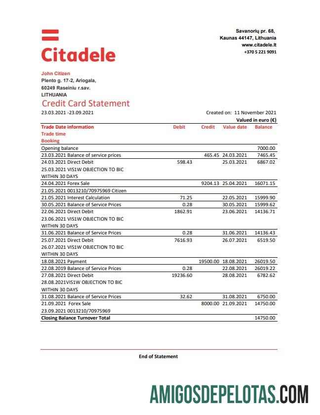 Lituânia (Litva) em branco Modelo de extrato de cartão de crédito do Citadele Bank em formato Excel e PDF