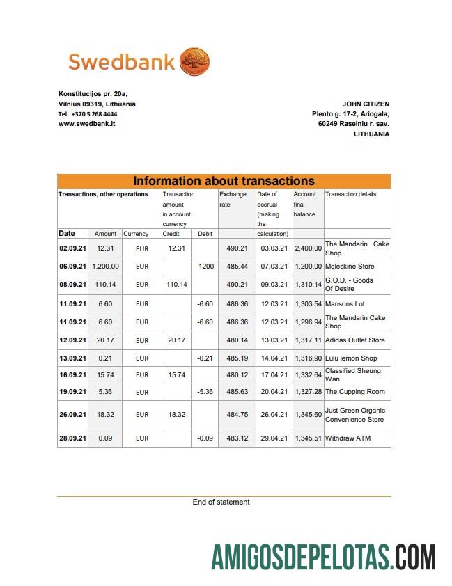 Extrato bancário da Lituânia Swedbank para impressão, modelo fácil de preencher em formato de arquivo .xls e .pdf