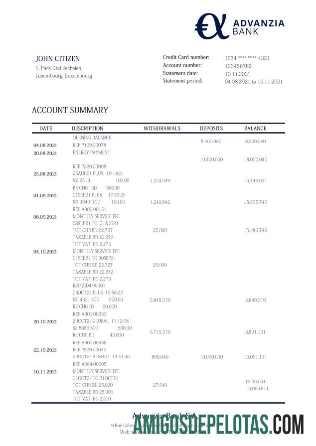 Exemplo de extrato bancário Advanzia de Luxemburgo